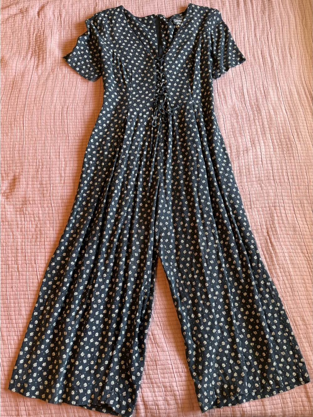Black Floral Wide-Leg Jumpsuit with Lace-Up Front